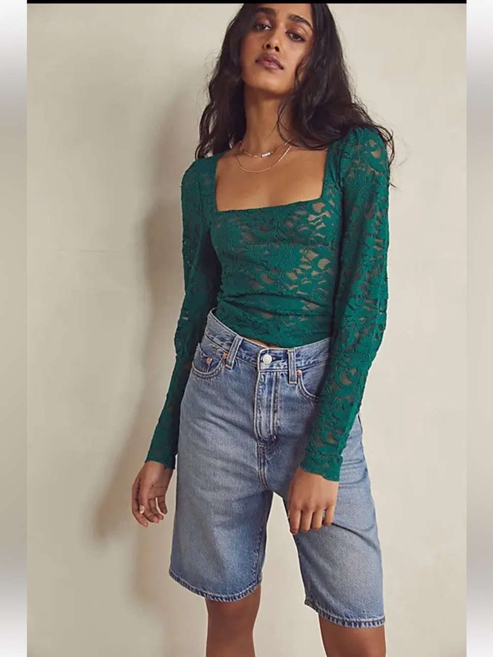 🌿 Intimately by Free People Emerald Green Lace Top — Size S